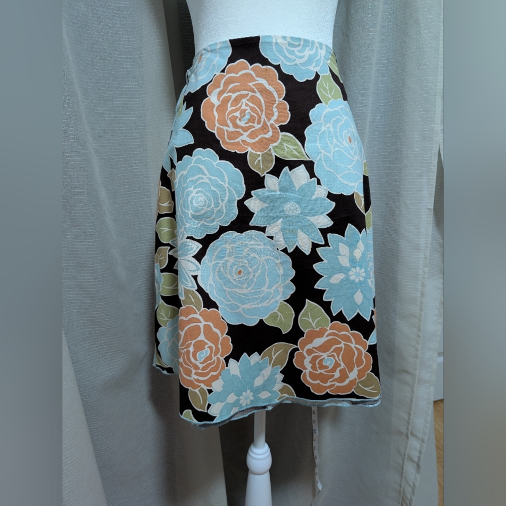 Floral Cotton Skirt. Brown, blue, Peach. Size 10